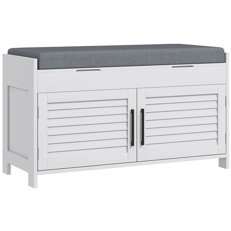 EasyComfort Panca Scarpiera con Ripiano Interno Regolabile su 3 Livelli, in MDF e Simil Lino, 90x36x50 cm, Bianco e Grigio