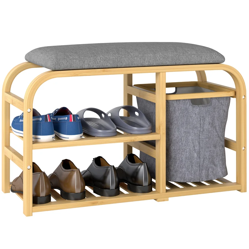 EasyComfort Panca Scarpiera da Ingresso con Seduta Imbottita, Design a Doghe e Cestino Estraibile, 70x30x45 cm, Legno
