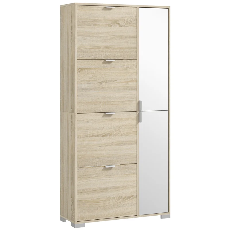 EasyComfort Scarpiera con Specchio per 16 Paia di Scarpe, 4 Cassetti a Ribalta e 2 Armadietti, 82x30x168cm, Rovere