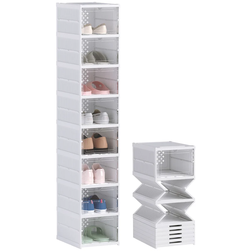 EasyComfort Scarpiera con 8 Contenitori per Scarpe Impilabili e Pieghevoli con Pannello Trasparente, Bianco