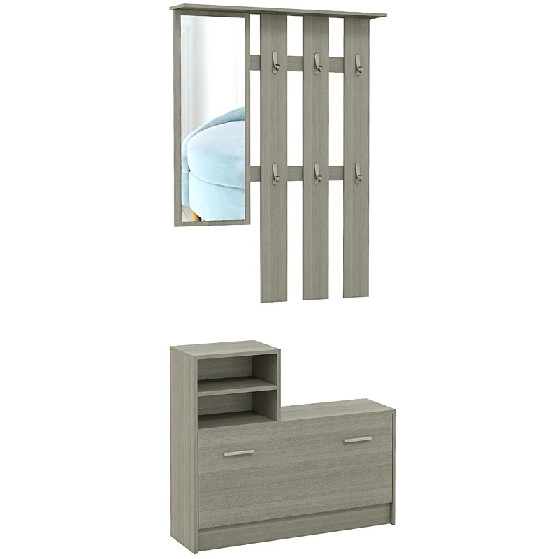 EasyComfort Set Mobili da Ingresso con Appendiabiti, Specchio, Panca con Scaffale e Scarpiera per 8 Paia di Scarpe, Grigio