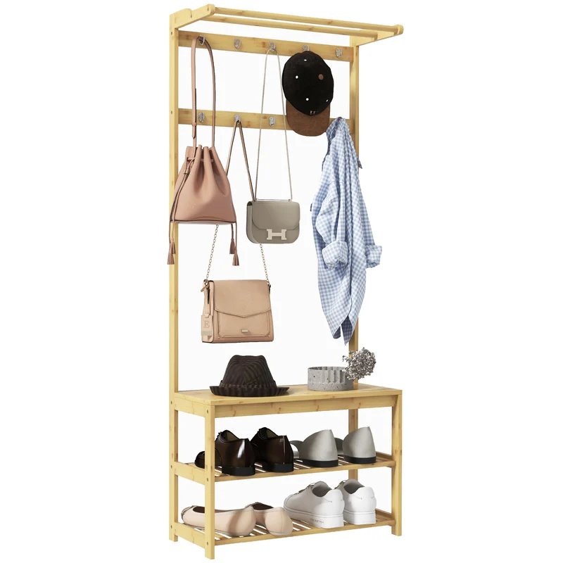 EasyComfort Mobile Appendiabiti 3 in 1 in Bambù con 10 Ganci, 2 Aste e Panca Scarpiera, 70x31x170 cm, Marrone