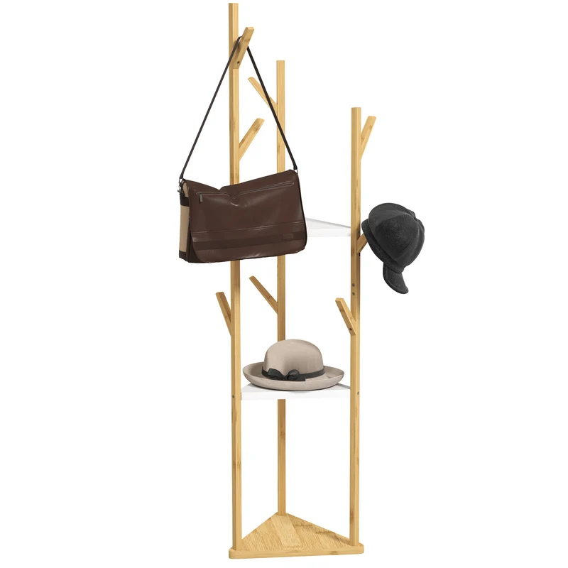 EasyComfort Albero Appendiabiti da Terra in Bambù con 9 Ganci e 3 Ripiani, Legno Naturale e Bianco