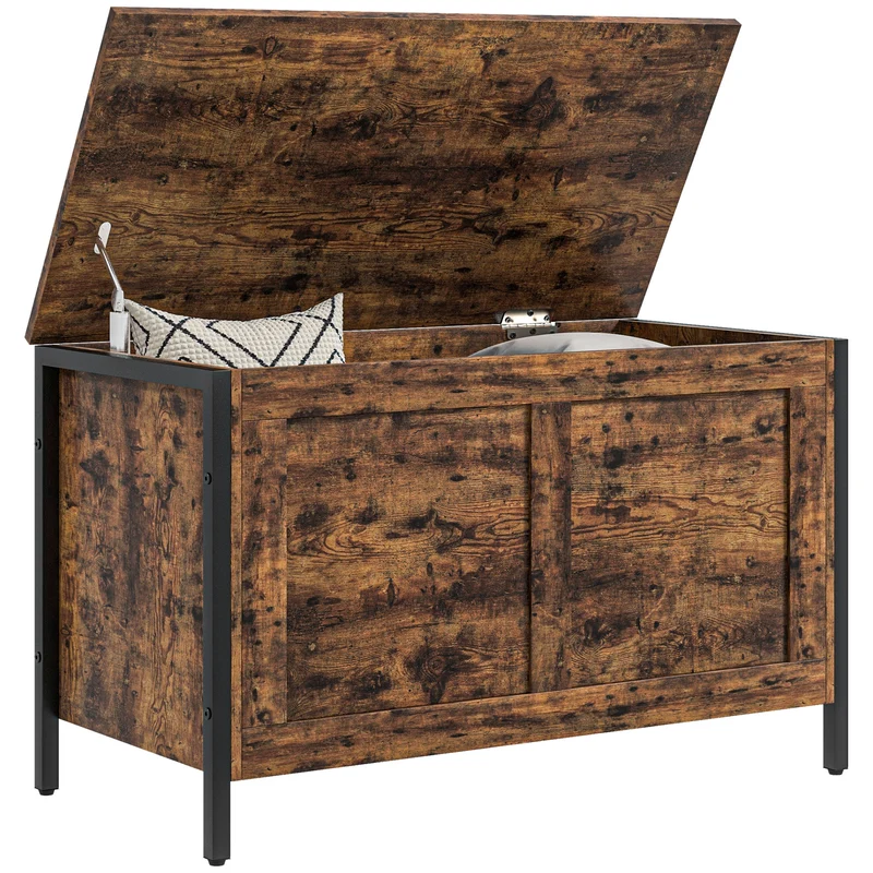 EasyComfort Cassapanca in Legno da 95L Stile Industriale con Coperchio e Cerniera di Sicurezza, 80x40x49cm, Marrone