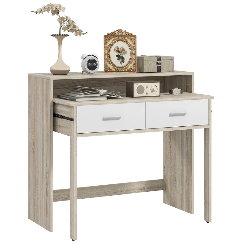 EasyComfort Tavolo Consolle a 2 Livelli con Piano Estraibile e 2 Cassetti in Legno, 95x35x87cm, Rovere