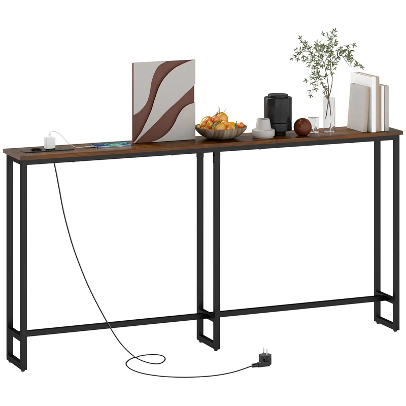EasyComfort Tavolo Consolle in Stile Industriale con Stazione di Ricarica, in Legno e Acciaio, 160x20x80 cm, Marrone