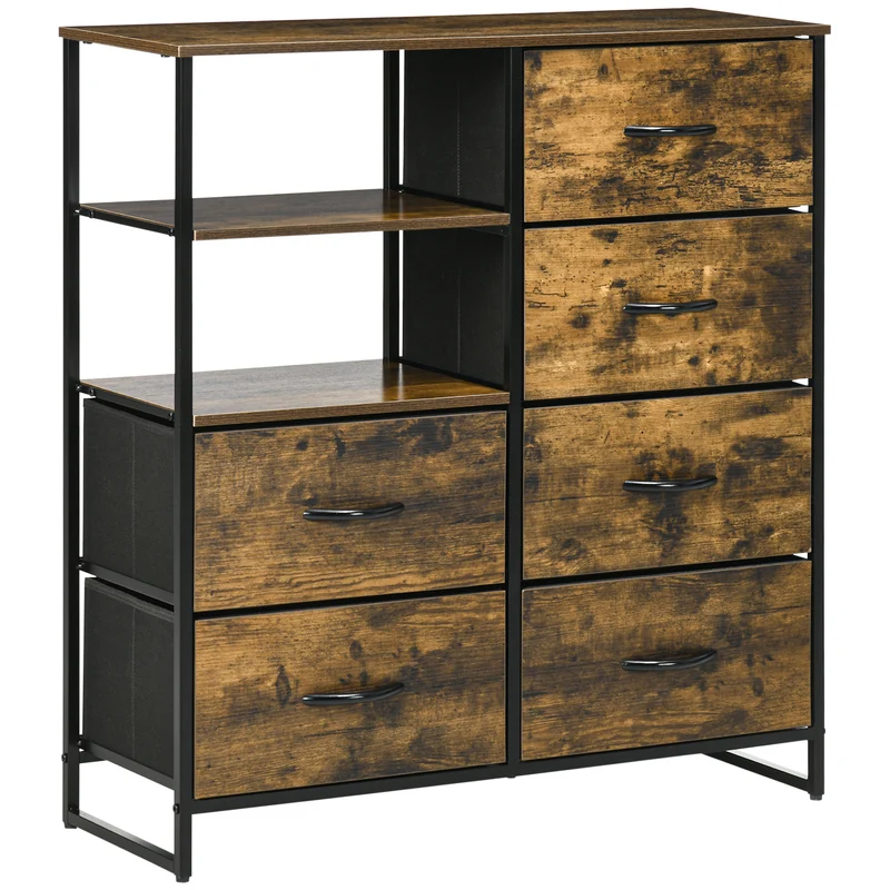 EasyComfort Cassettiera 6 Cassetti in Tessuto Pieghevoli Stile Industriale in Acciaio e Legno, 84x30x92cm, Marrone Rustico