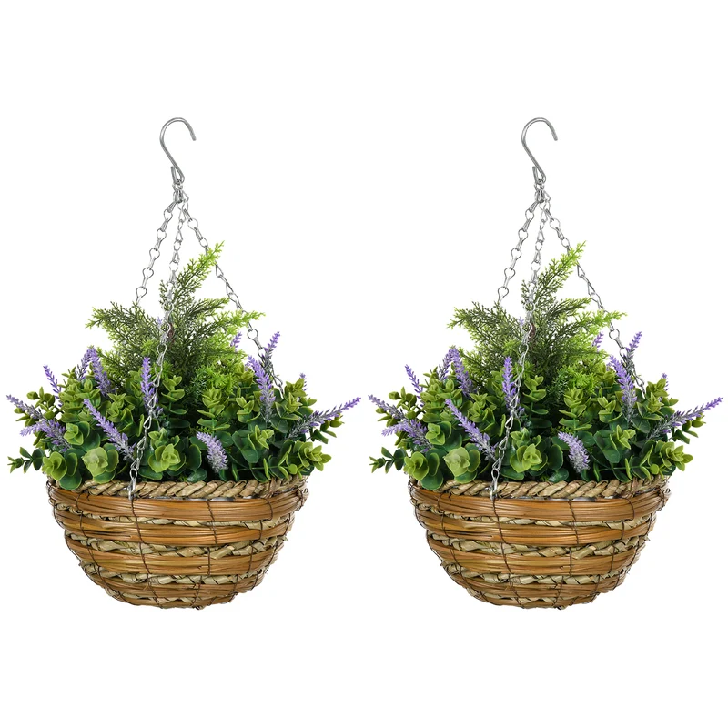 EasyComfort Set 2 Piante Finte di Lavanda con Vaso e Gancio, in PE e Vimini, Ø25x34 cm, Verde e Viola
