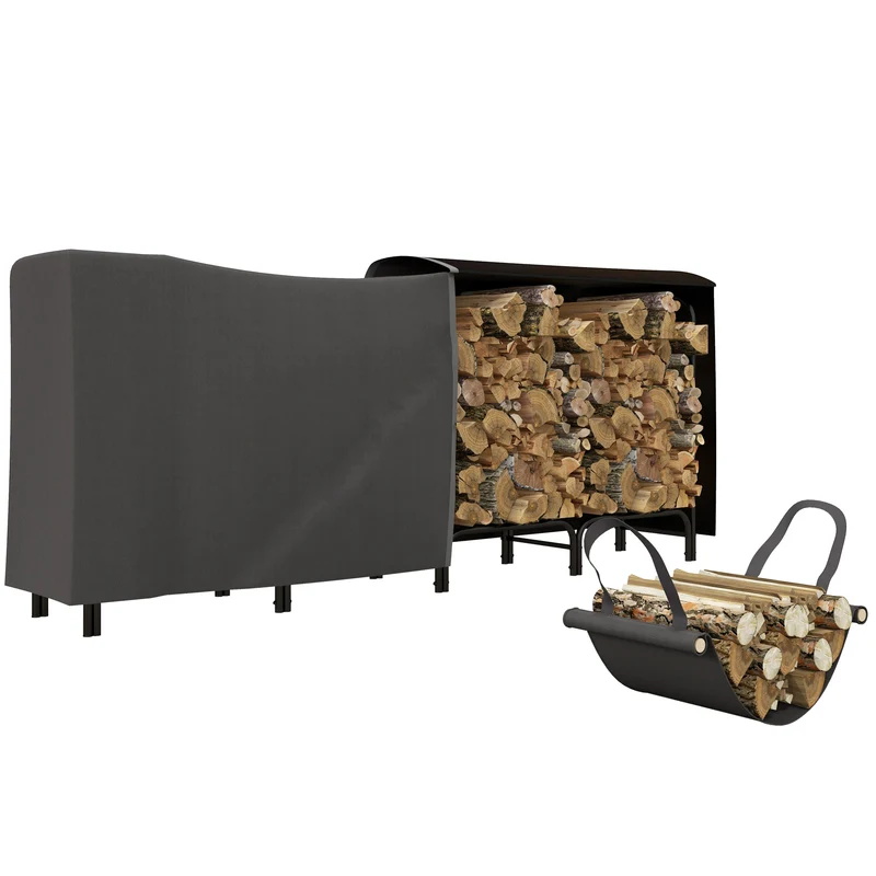 EasyComfort Portalegna da Interno ed Esterno in Metallo con Telo Porta Legna e Copertura, 240x36x99cm, Nero