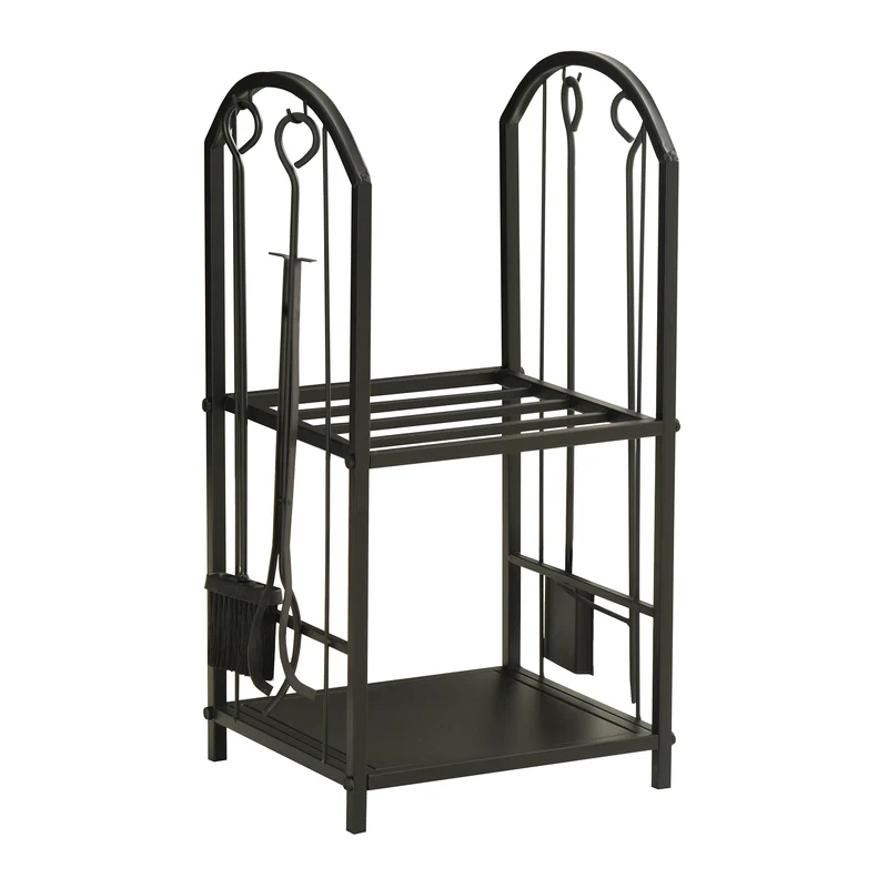 EasyComfort Portalegna a 2 Ripiani in Metallo con Paletta, Scopa, Attizzatoio e Pinza, 41.5x32.5x74.5 cm, Nero
