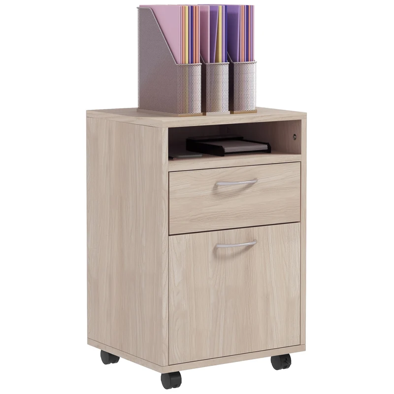 EasyComfort Cassettiera da Ufficio Portadocumenti con Ripiano Aperto e 2 Cassetti, in Legno e Metallo, 40x35x60 cm, Rovere