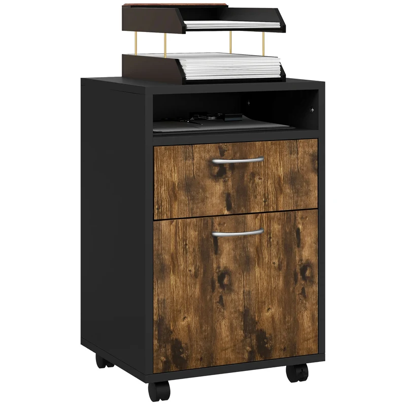 EasyComfort Cassettiera Portadocumenti con Cassetto e Ripiano, 4 Ruote, 40x35x60cm, Marrone e Nero