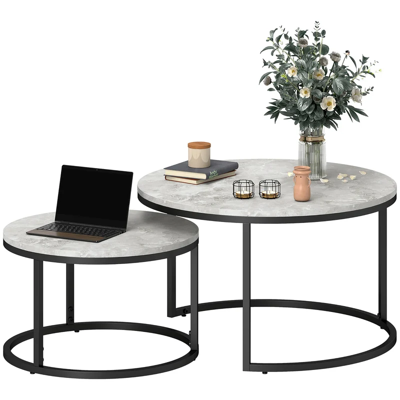 EasyComfort Set da 2 Tavolini da Caffè Sovrapponibili Rotondi in Metallo e MDF Effetto Marmo, Grigio e Nero