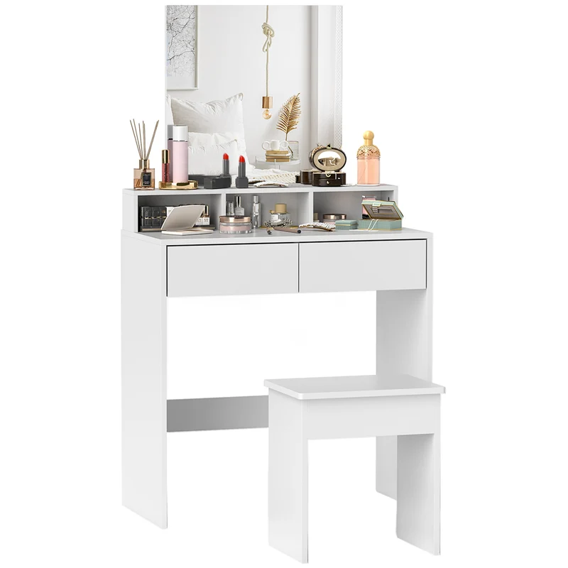 EasyComfort Tavolo da Trucco con Specchio, 3 Ripiani, 2 Cassetti e Sgabello, in Legno, 75x38x135 cm, Bianco