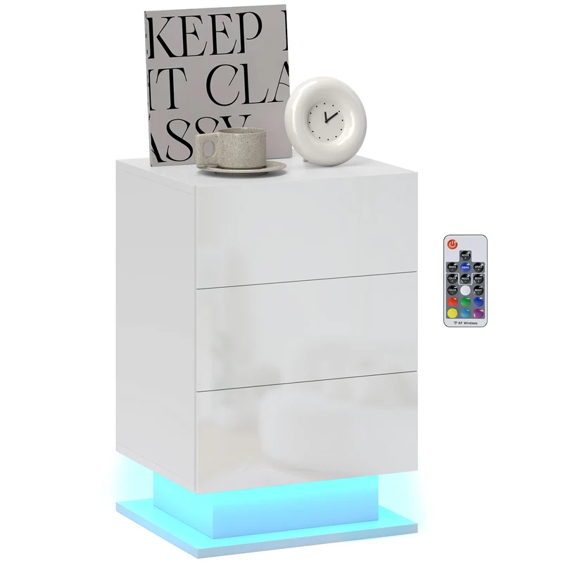 EasyComfort Comodino Moderno con Luce LED Regolabile con Telecomando e 3 Cassetti, 40x35x60 cm, Bianco Lucido