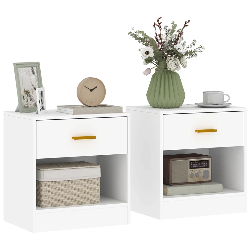 EasyComfort Set 2 Comodini Moderni in Legno con Cassetto e Ripiano Aperto, 39x28x41 cm, Bianco