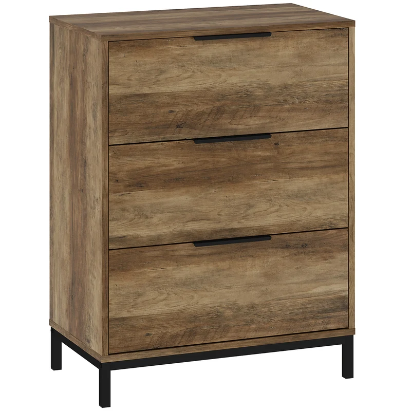 EasyComfort Cassettiera 3 Cassetti Antiribaltamento con Maniglie Nere, in Legno e Metallo, 62x35x82 cm, Marrone scuro