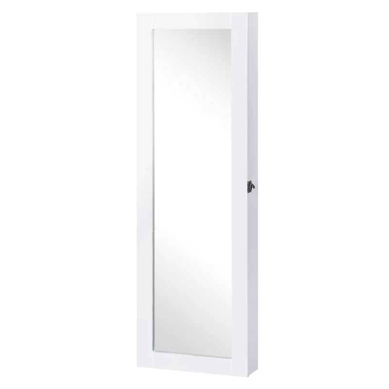 Easycomfort Specchio Portagioie da Parete con Ganci e Scompartimenti in Legno, Armadietto Portagioie con Specchio per Orecchini, Collane e Anelli, 37x9.5x112 cm, Bianco