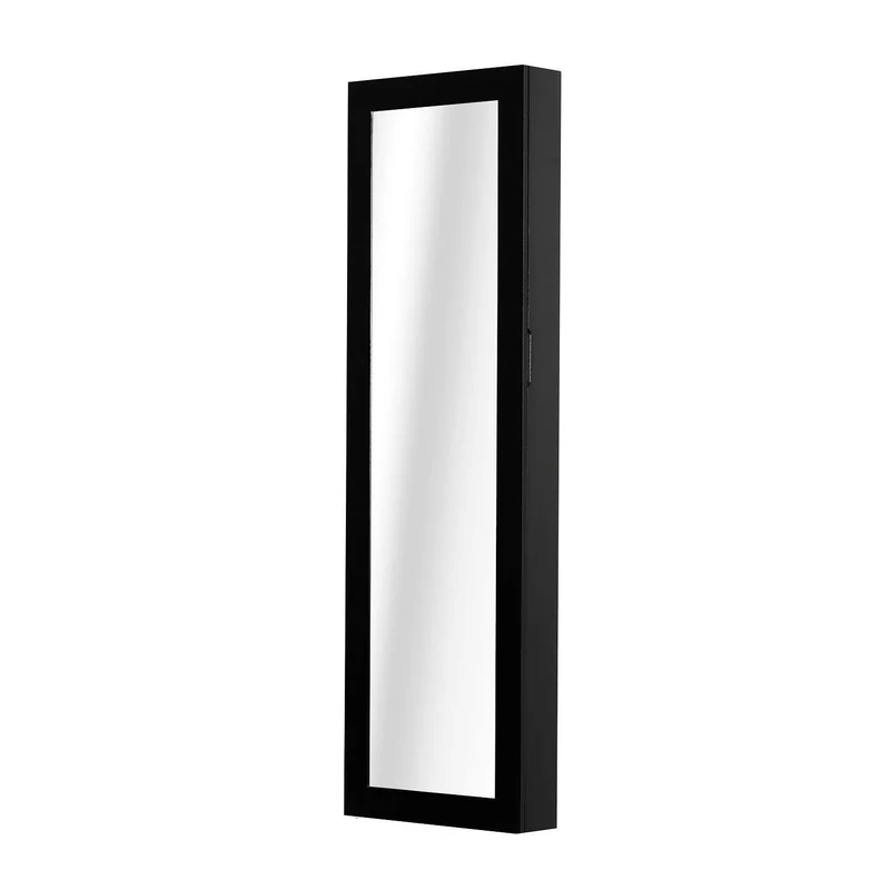 Easycomfort Specchio Portagioie da Parete con Ganci e Scompartimenti in Legno, Armadietto Portagioie con Specchio per Orecchini, Collane e Anelli, 37x9.5x121 cm, Nero