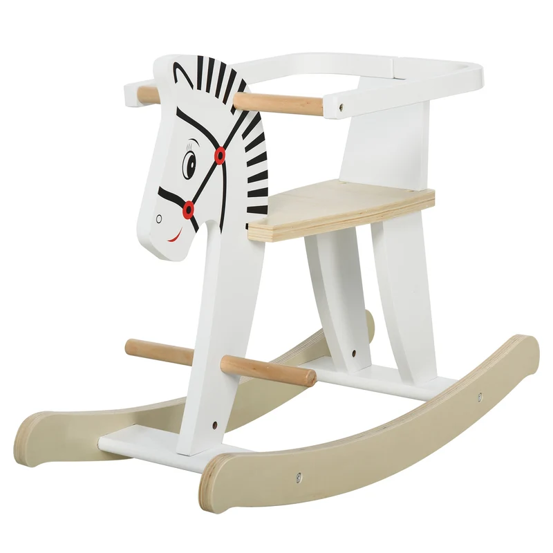 Easycomfort Cavallo a Dondolo Classico in Legno per Bambini 1-3 Anni con Bordo, Maniglie e Poggiapiedi, 68x26.5x48cm, Bianco