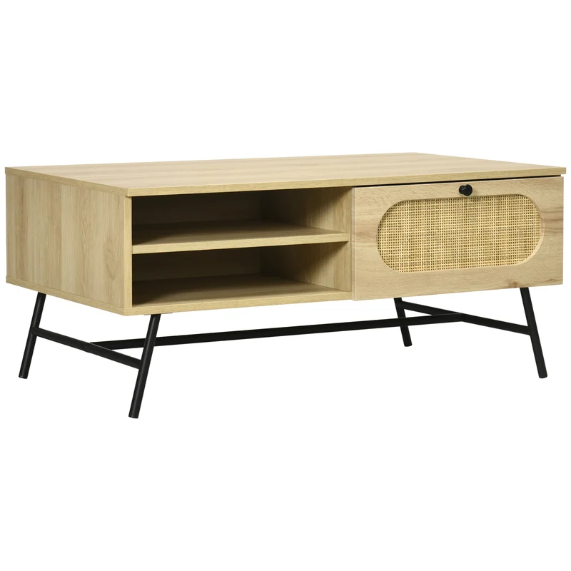 Easycomfort Tavolino da salotto con Cassetto e Gambe in Metallo Stile Boho, 100x59.5x44.3cm, Naturale