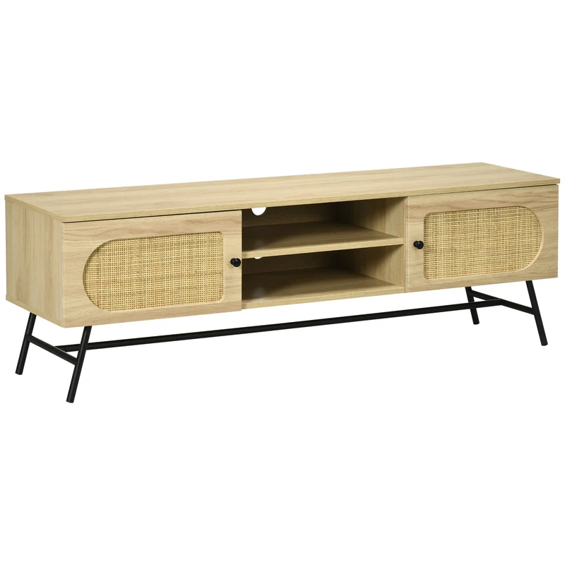 Easycomfort Mobile Porta TV fino 60" in Legno e Rattan Stile Boho con 2 Armadietti, 50x39x48.3cm, Naturale