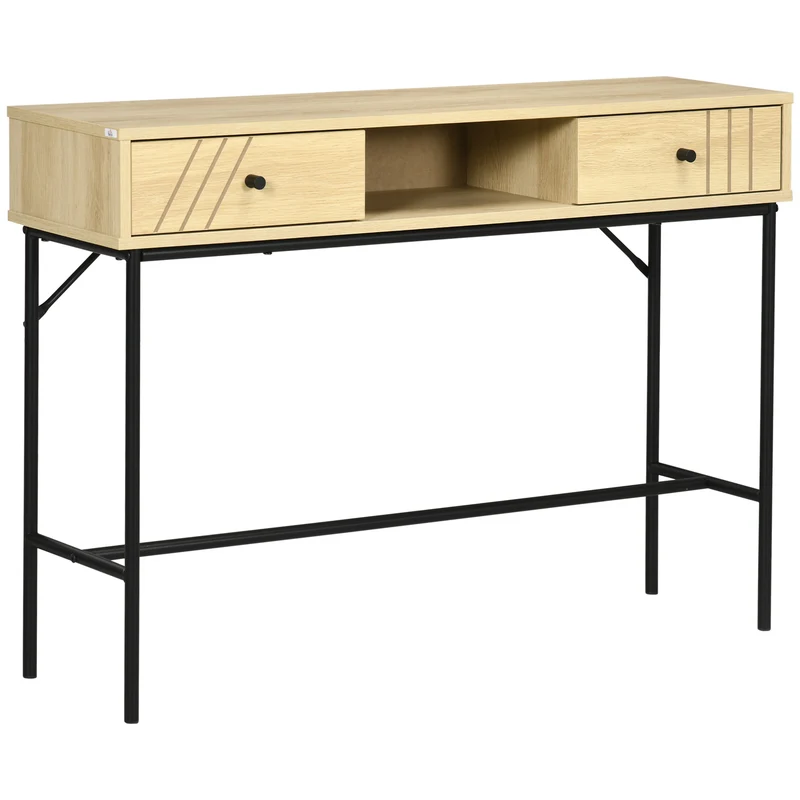 Easycomfort Tavolo Consolle in Legno e Metallo Stile Industriale con 2 Cassetti, 110x29.5x78cm Naturale