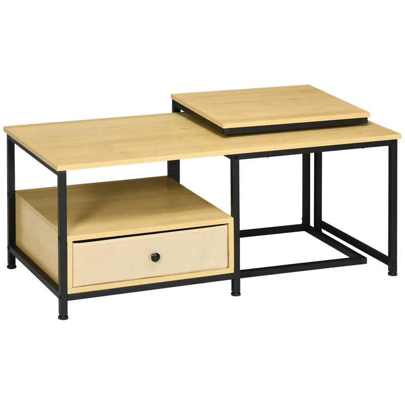 Easycomfort Set da 2 pezzi con Tavolino da Caffè e Tavolino laterale a C in Acciaio e Truciolato, Color legno
