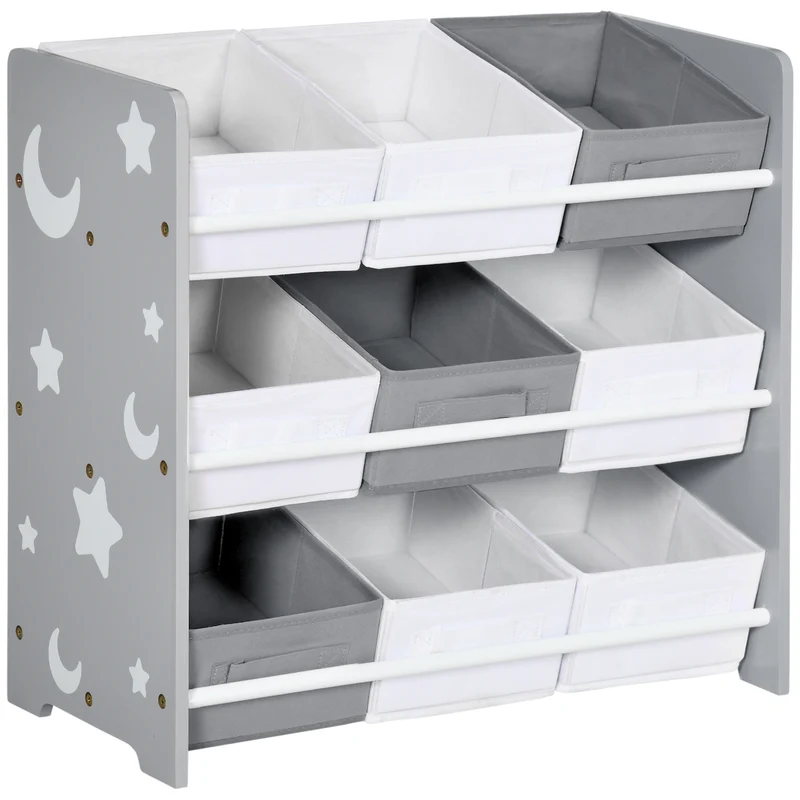 Easycomfort Mobiletto Portagiochi con 9 Cestini Rimovibili in MDF e Tessuto, 63x30x60cm, Grigio e Bianco