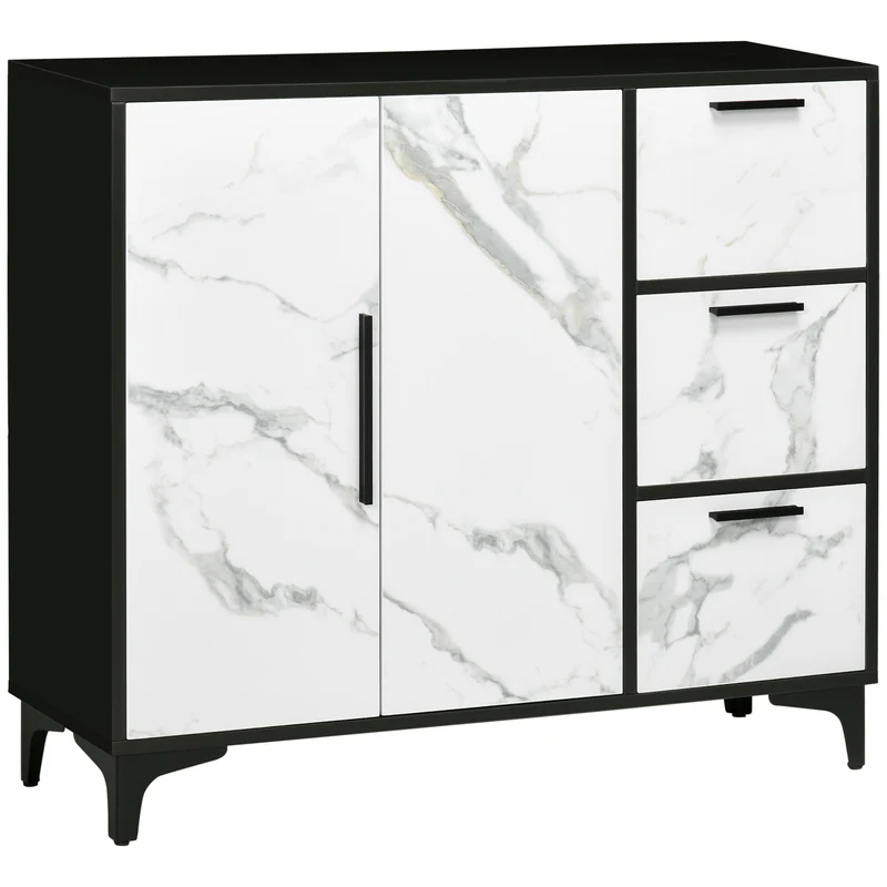 Easycomfort Mobile Dispensa a 2 Ante e 3 Cassetti in MDF e Acciaio per Soggiorno, Cucina e Studio, 90x30x80 cm, Bianco e Nero
