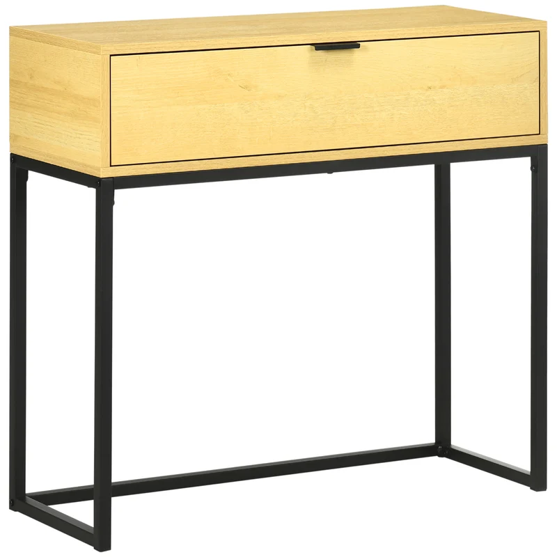 Easycomfort Consolle da Ingresso con Cassetto in Legno e Acciaio, 80x30x76cm, Color Legno e Nero