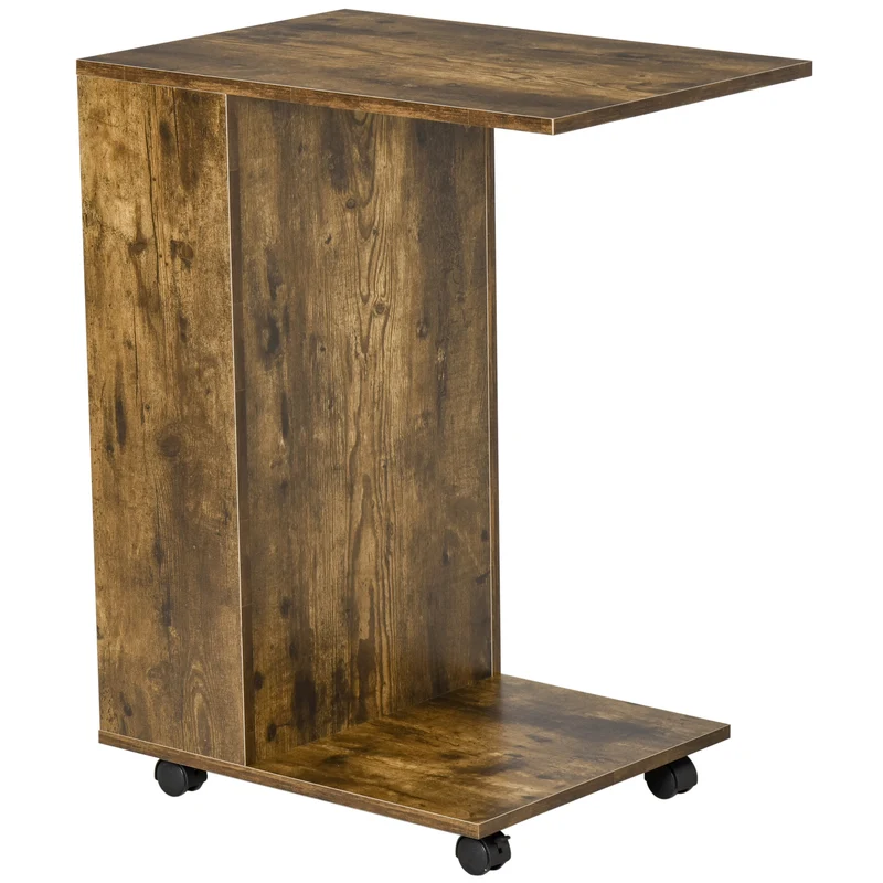 Easycomfort Tavolino da Salotto e Comodino Design a C con Mensola e Vano Laterale, Ruote con Freno, Legno Marrone Rustico, 60x40x76cm
