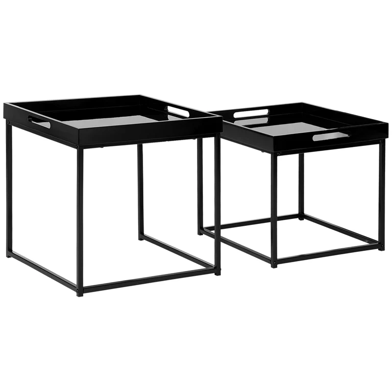 Easycomfort Set da 2 Tavolini da Caffè Impilabili con Finitura Lucida e Telaio in Acciaio, Nero