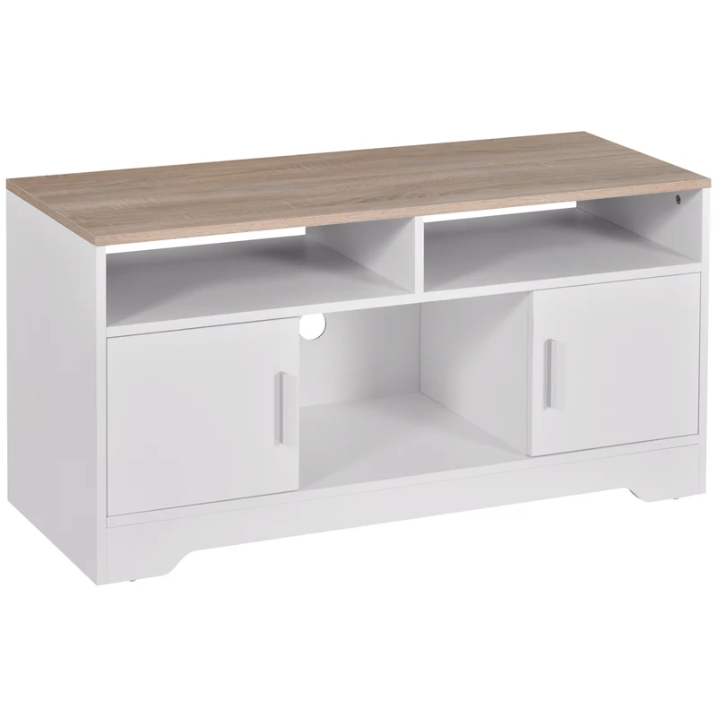 Easycomfort Mobile TV con 3 Scomparti Aperti, 2 Armadietti e Piano d'Appoggio, Mobile per TV fino a 50", in Truciolato, 105x40x52cm, Bianco e Legno