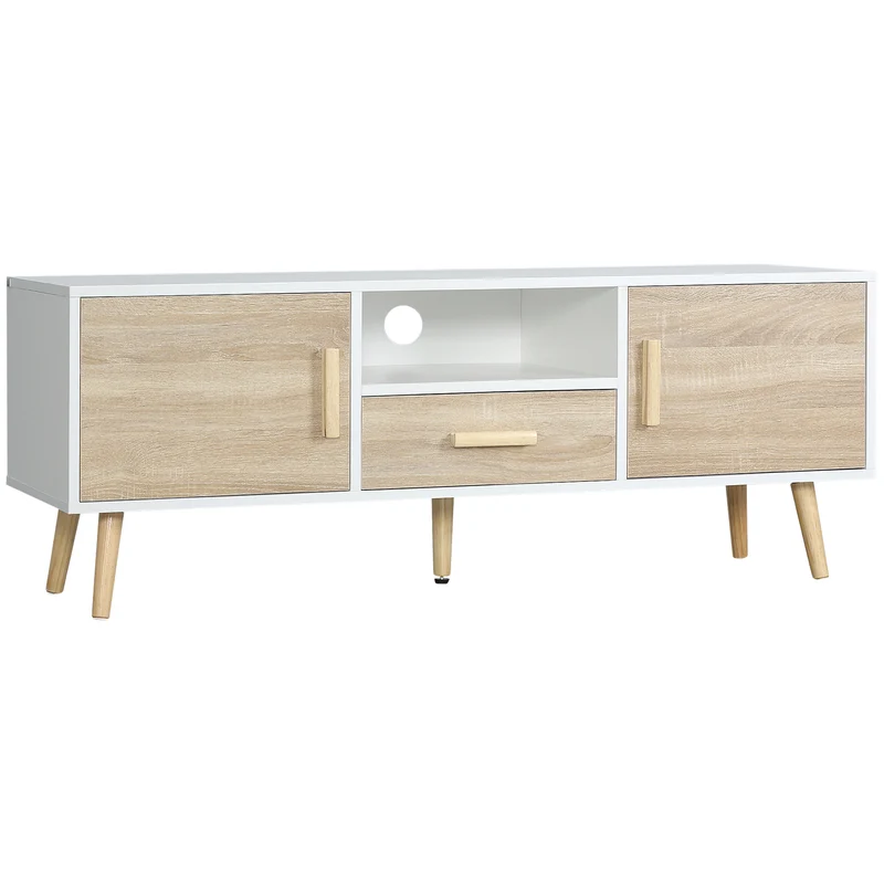 Easycomfort Mobile TV Basso per TV max 46" con Ripiano Aperto, Cassetto e 2 Armadietti, in Truciolato e Pino, 140x40x55.3 cm