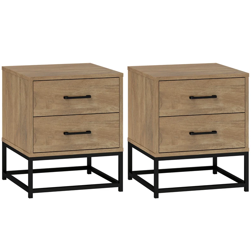EasyComfort Set di 2 Comodini con 2 Cassetti Stile Industriale in Legno e Acciaio, Colore Legno