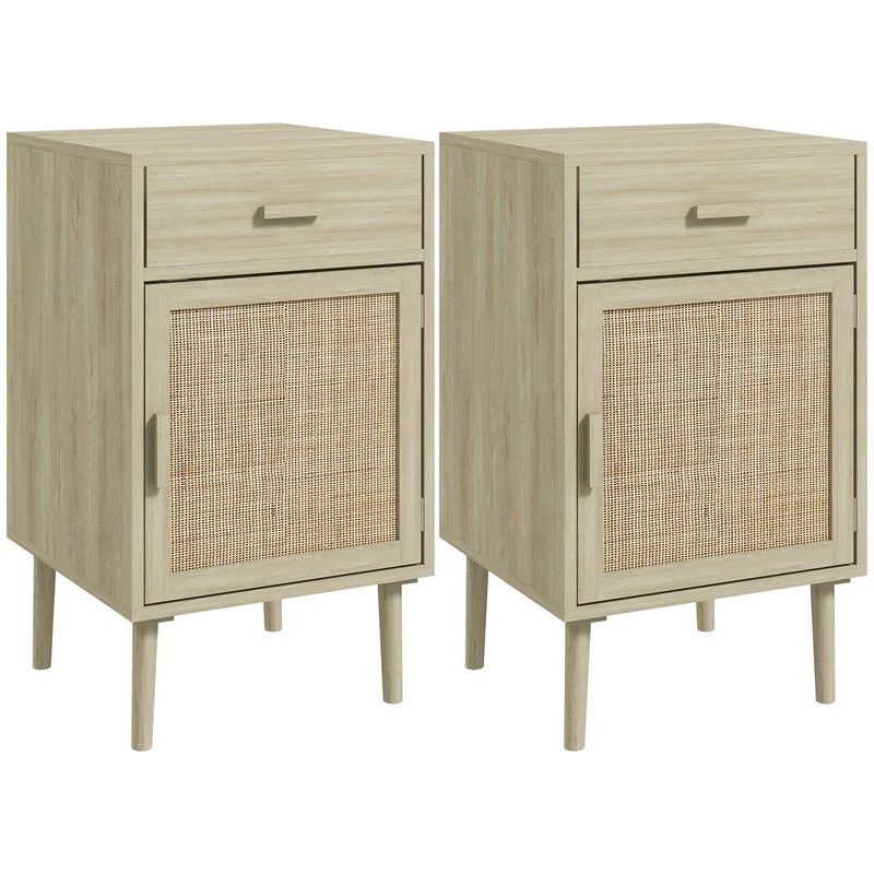 EasyComfort Set 2 Comodini per Camera da Letto con Cassetto e Anta in Rattan Stile Boho, Colore Legno