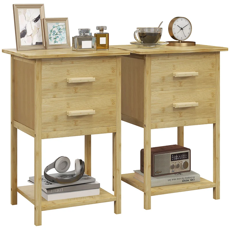 EasyComfort Set 2 Comodini con 2 Cassetti e Ripiano Inferiore in stile Nordico, in Bambù, 40x34x60 cm