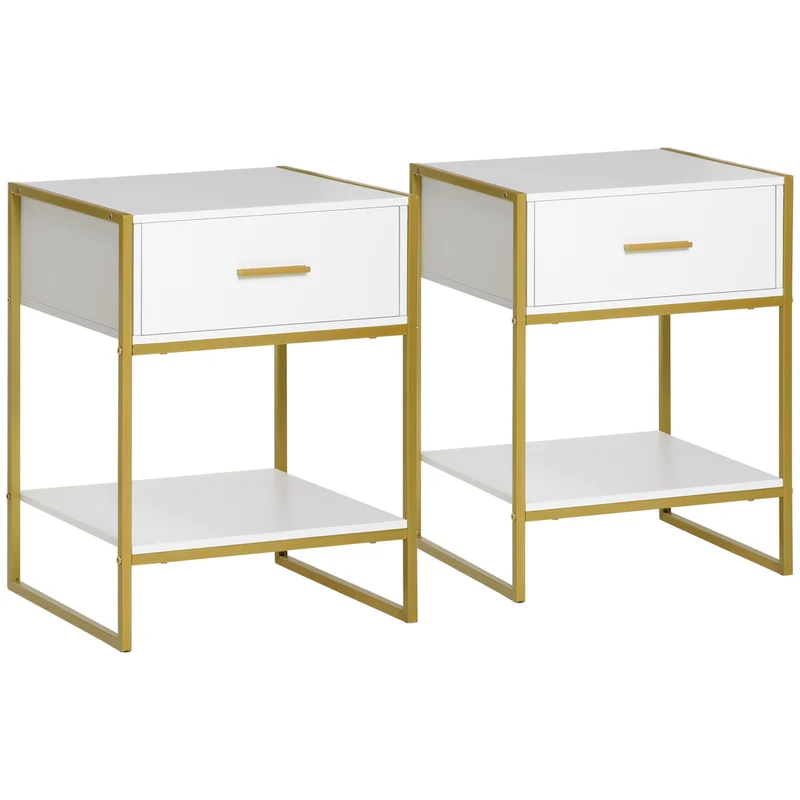 EasyComfort Set 2 Comodini Moderni con Cassetto e Ripiano Aperto in MDF e Acciaio, 45x40x60cm, Bianco e Oro