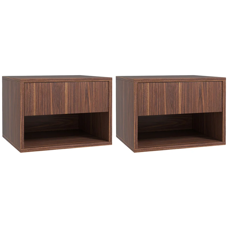 EasyComfort Set 2 Comodini Sospesi con Cassetto e Ripiano Inferiore Aperto, in Legno, 40x34x29 cm, Marrone