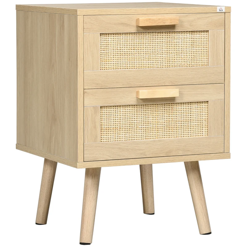 EasyComfort Comodino per Camera da Letto con 2 Cassetti in Stile Boho, 40x40x56cm, Colore Legno Naturale