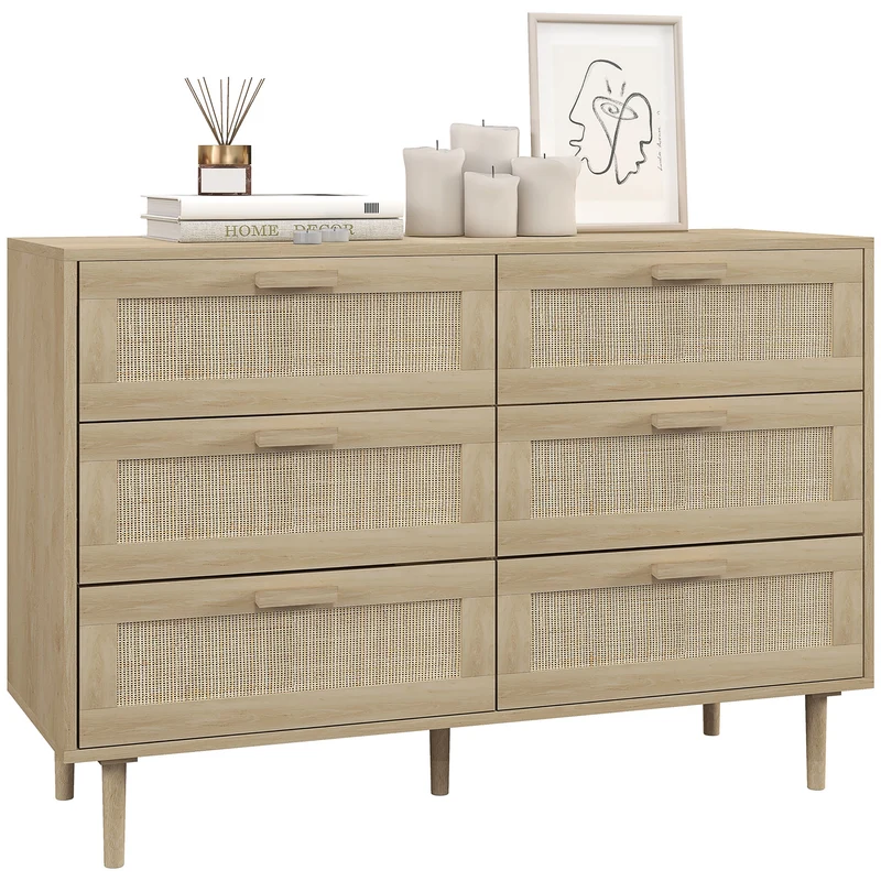 EasyComfort Cassettiera 6 Cassetti in Legno e Rattan Stile Boho per Soggiorno e Camera da Letto, 110x40x75 cm