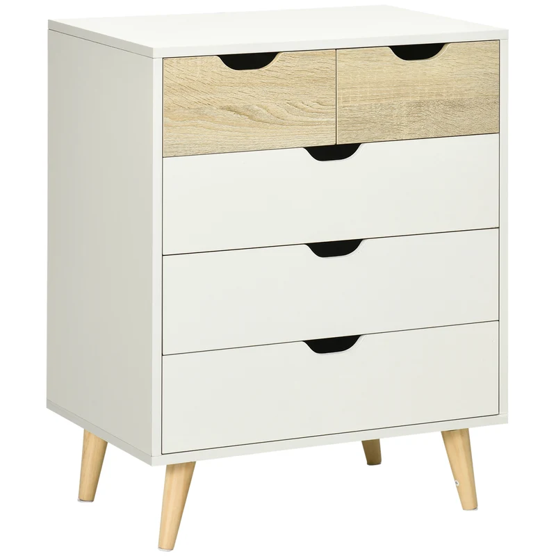 EasyComfort Cassettiera a 5 Cassetti per Camera da Letto con Maniglie Intagliate, 60x40x77.5cm, Bianco e Legno