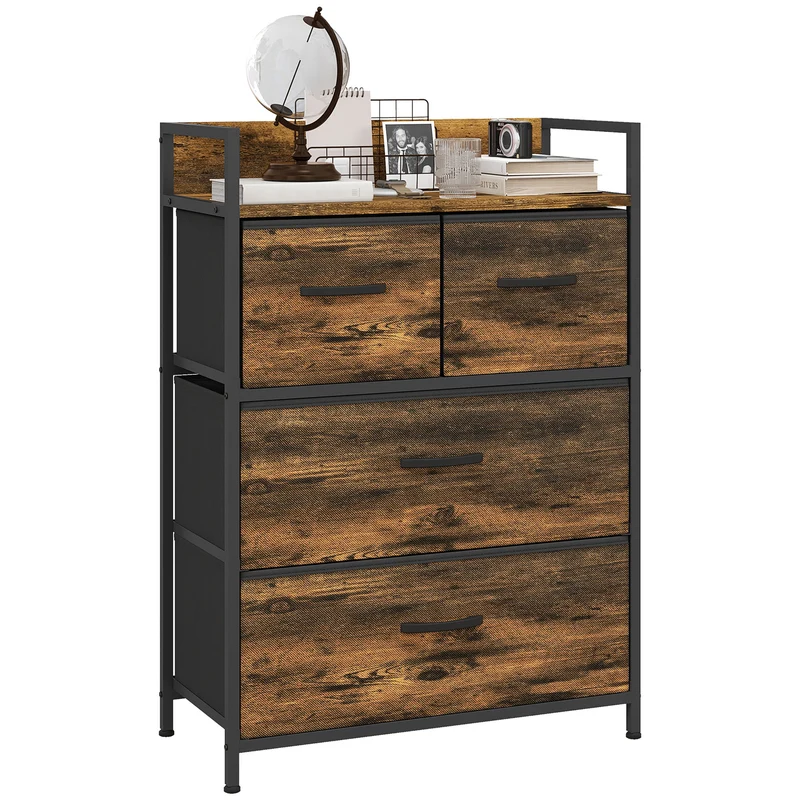 EasyComfort Cassettiera 4 Cassetti Rimovibili dal Design Industriale in Legno e Acciaio, 60x29x85 cm, Marrone e Nero