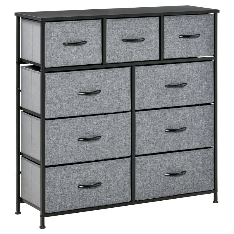 EasyComfort Cassettiera con 9 Cassetti in Tessuto Pieghevoli e Struttura in Acciaio e Legno, 100x30x100cm, Nero e Grigio