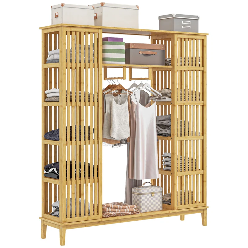 EasyComfort Armadio Aperto in Bambù con 2 Ante Scorrevoli, Ripiani Aperti e Barra Appendiabiti, 145x35x165cm