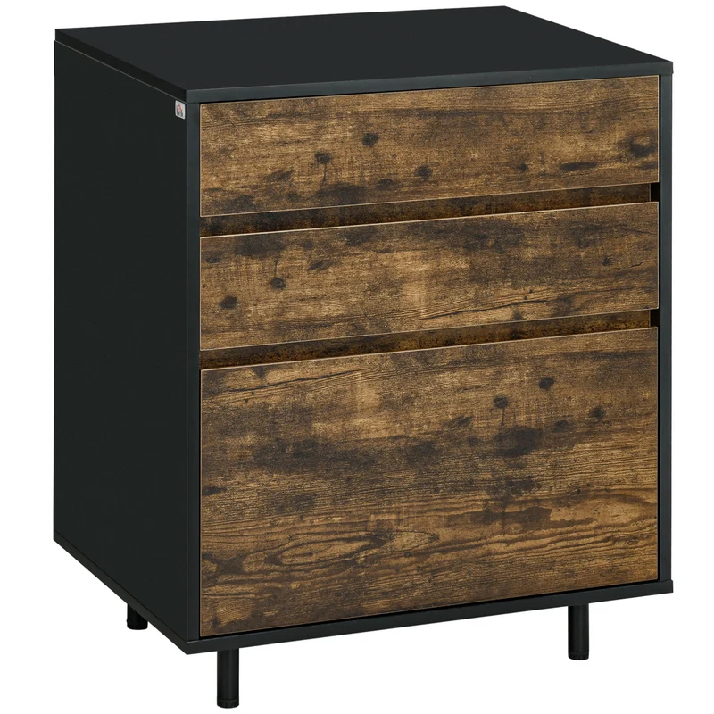 Easycomfort Cassettiera con 3 Cassetti in Truciolato dallo Stile rustico, 60x45x75cm, Marrone e nero