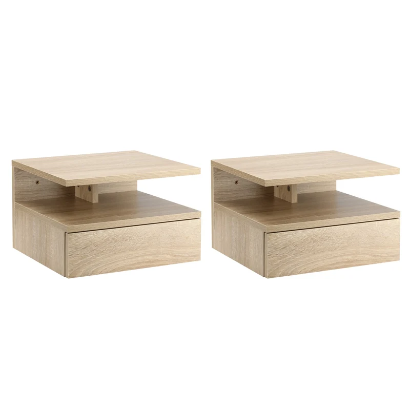 Easycomfort Set da 2 Comodini Moderni Sospesi con Cassetto e Ripiano in Legno 35x32x22.5cm, Rovere