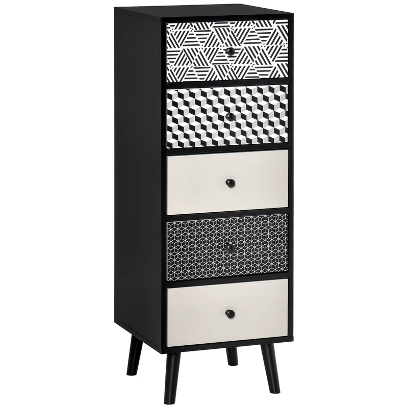 Easycomfort Mobile Cassettiera 5 Cassetti Fantasia Geometrica, Arredamento Moderno Camera e Ingresso, 40x40x111.5cm Nero Grigio