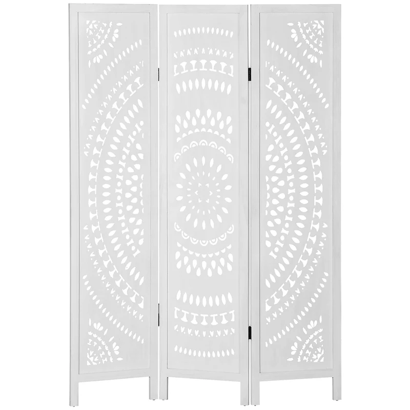 EasyComfort Separé Paravento da Interni Pieghevole a 3 Pannelli in Legno Intagliato, 120x170cm, Bianco